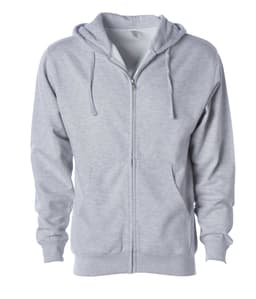A grey midweight zip hoodie with a drawstring hood and front pockets. It features a logo on the front.