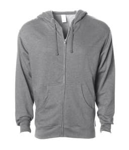 A grey zip-up hooded sweatshirt featuring a front pocket and a drawstring hood, with a logo present.
