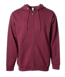 A maroon midweight zip hood with a front pocket and drawstring hood. The hoodie features a logo.