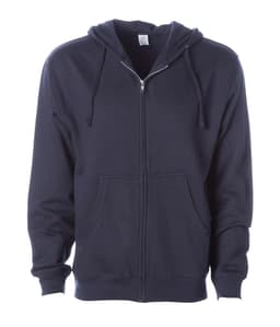 A navy midweight zip hoodie with a front pocket and drawstring hood. It features a logo on the chest.