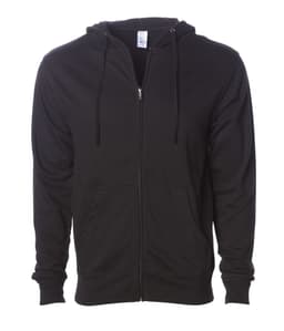 A black midweight zip hoodie featuring a front zip closure and a hood. It has a logo present.