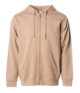 A men's midweight zip hood in a light beige colour, featuring a front zip and two pockets. It has a logo.