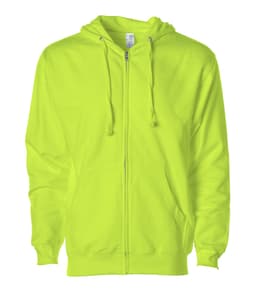 A men's midweight zip hood in bright neon yellow, featuring a front zip and an attached hood. It has a logo on the chest.