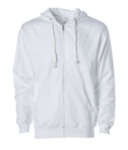 A white midweight zip hood featuring a front pocket and drawstring hood, with a branding logo.
