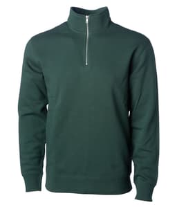 A men's midweight quarter zip in dark green, featuring a high collar and long sleeves. It has a logo on the chest.