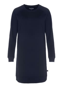 A navy sweatshirt dress with long sleeves and a round neckline, featuring a logo detail.