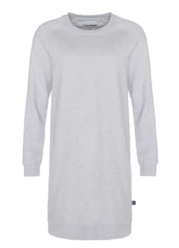 A light grey sweatshirt dress with long sleeves and a round neckline, featuring a small logo at the hem.