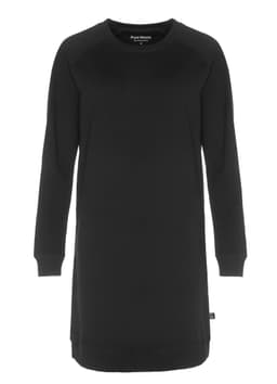 A black sweatshirt dress with long sleeves and a relaxed fit, featuring a branding logo.