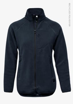 A dark navy fleece women's jacket with a zip front and side pockets, featuring a small chest pocket.
