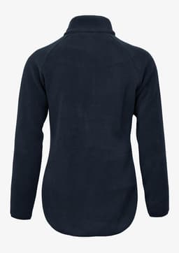 A dark navy women's jacket with a high collar and long sleeves, featuring a soft texture and no visible front design.