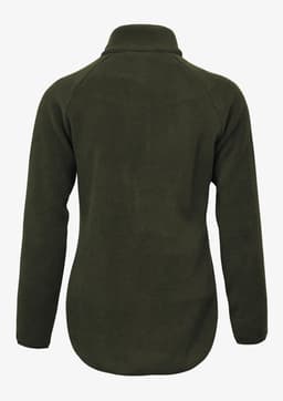 A women's jacket in a dark olive green colour with a soft fleece texture and a high collar. Features a logo.