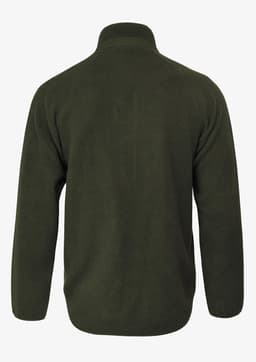 A green polar fleece jacket with a high collar, featuring a logo on the back.