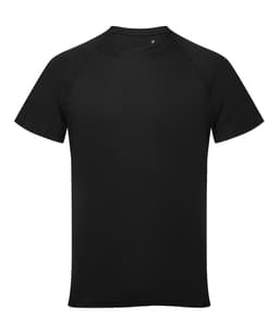 A black panelled tech T-shirt with short sleeves and a rounded neckline. It features a logo.