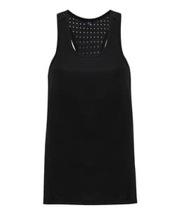A black vest featuring laser cut detailing, with a sleeveless design and a scoop neckline. It has a logo.