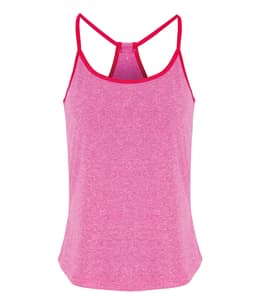 A pink yoga vest with a sporty design featuring a strappy back and contrasting details.