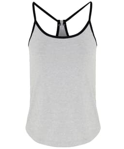 A grey yoga vest with black trim and a racerback design. It includes a logo on the front.
