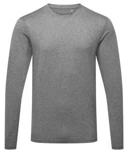 A long sleeve performance t-shirt in a heather grey colour, featuring a logo on the front.