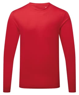 A red long sleeve performance T-shirt with a simple design and a logo on the front.