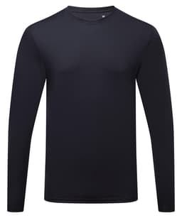 A long sleeve performance t-shirt in solid black, featuring a simple design and a logo.