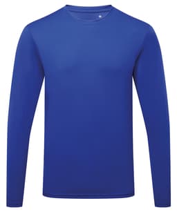 A long sleeve performance T-shirt in a vibrant blue colour, featuring a logo on the front.