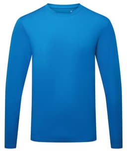 A blue long sleeve performance t-shirt with a standard crew neckline. Features a logo on the chest area.
