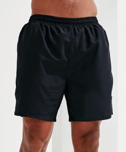 Black running shorts with an elastic waistband. The shorts feature a simple design and a relaxed fit.
