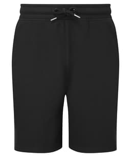 Black jogger shorts with an elastic waistband and drawstring. The shorts have a simple design and include a logo.