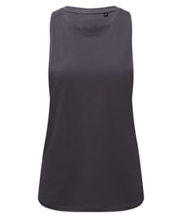 A dark grey tank top featuring a sleeveless design and a simple logo on the front.