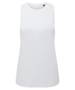 A plain white organic tank top with a round neckline and no sleeves. Features a logo.