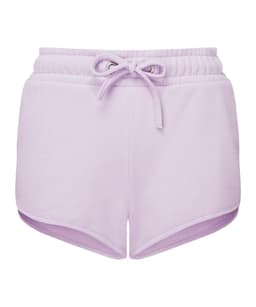 Lilac recycled jogger shorts with a drawstring waist and side vents, featuring a branded logo.