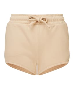 A pair of light beige recycled jogger shorts with an elastic waistband and drawstring adjuster.