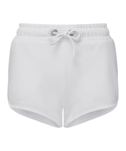 A pair of white recycled retro jogger shorts with an elasticated waistband and drawstring. Features a logo.