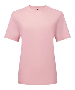 A pink oversized T-shirt with short sleeves and a simple design. It features a logo on the label.