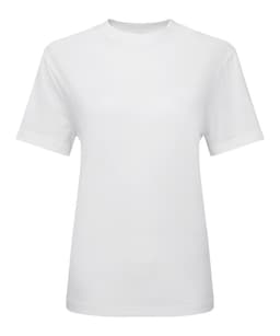 A white oversized t-shirt with short sleeves, featuring a simple design and a logo.