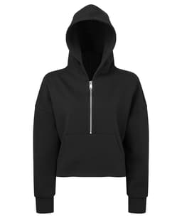 A black 1/2 zip hoodie with a hood and front pocket, featuring a logo.