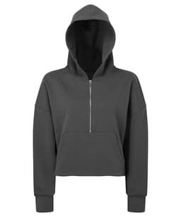 A 1/2 zip hoodie in dark grey, featuring a hood and a kangaroo pocket, with a logo on the front.