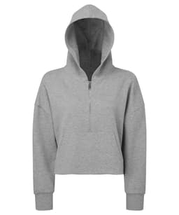 A grey 1/2 zip hoodie with a hood and long sleeves, featuring a branding logo.
