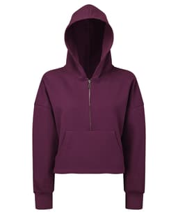 A 1/2 zip hoodie in a deep purple colour, featuring a hood and a front pocket. It has a simple design and a logo.