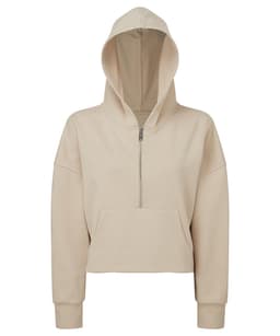 A beige 1/2 zip hoodie featuring a front pocket and a hood, with a simple branding logo.