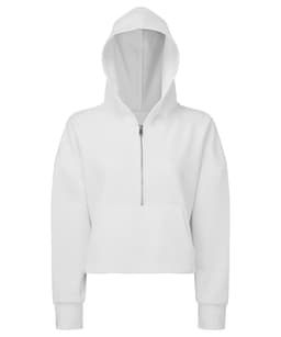 A white 1/2 zip hoodie featuring a hood and a front pocket, with a simple design and a small logo.