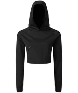 A cropped black jacket with a hood and a front pocket, featuring a logo on the side.