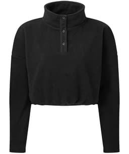 A cropped fleece top in black with a high collar and buttoned placket, featuring long sleeves.