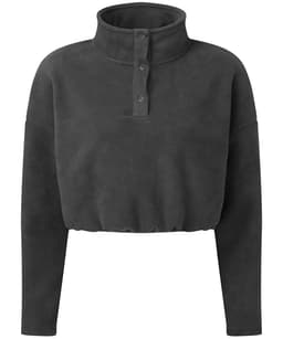 A cropped fleece top in dark grey with a high collar and button detailing. It features long sleeves and a gathered hem.
