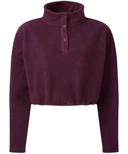 A cropped fleece top in a deep purple shade, featuring a high collar and three-button placket. It has a relaxed fit.