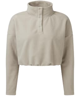 A cropped fleece top in a light beige colour with a high collar and button detailing. It features long sleeves and a relaxed fit.