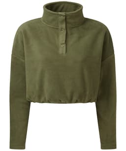 A cropped fleece jumper in olive green, featuring a high collar and buttoned placket. It has long sleeves and a relaxed fit.