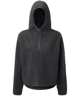 A dark grey Sherpa 1/4-zip hoodie with a hood, featuring a textured fleece design and a front zip.