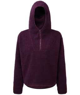 A purple Sherpa 1/4-zip hoodie with a hood and a quarter-length zipper at the front. It has a simple design and a logo.