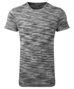 A grey space dye performance t-shirt with short sleeves, featuring a textured striped pattern. 