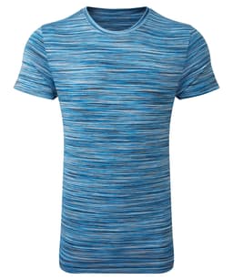 A blue space dye performance T-shirt featuring a striped pattern in varying shades of blue. It has a branding logo.